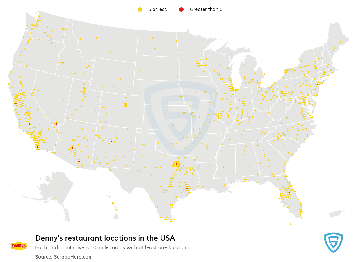 Map of Dennys stores in the United States