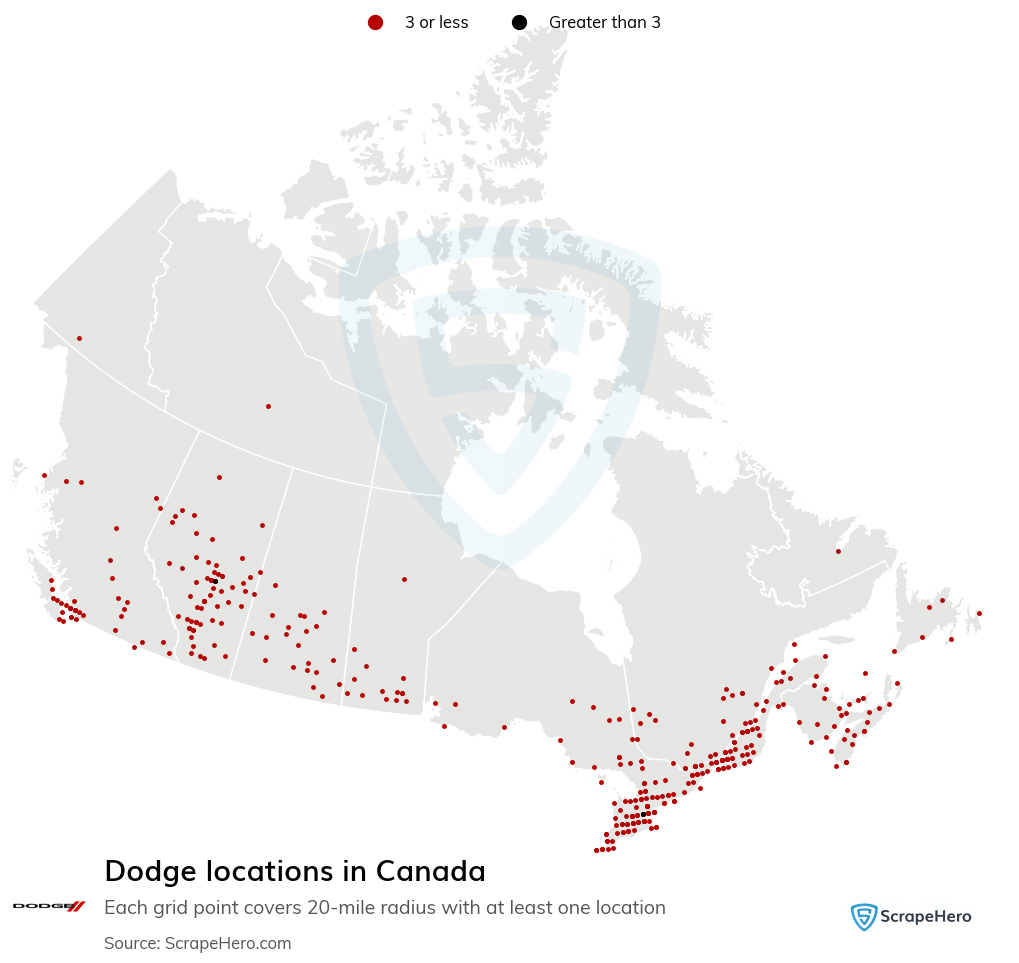 Map of Dodge dealers in Canada