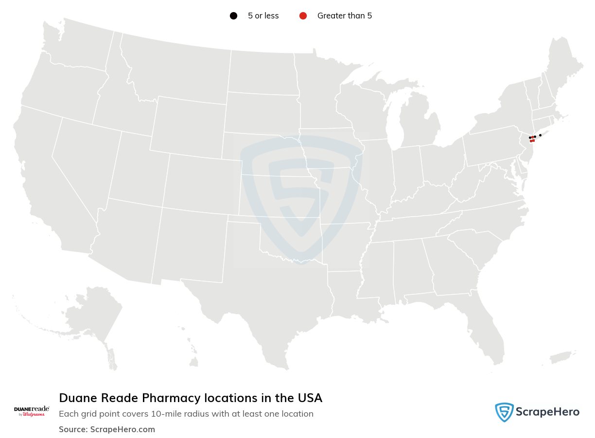 Map of Duane Reade Pharmacy locations in the United States