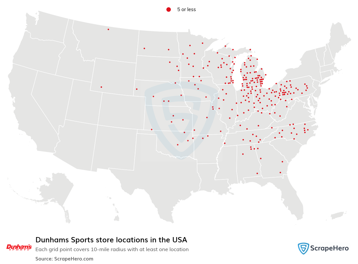 Map of Dunhams Sports stores in the United States