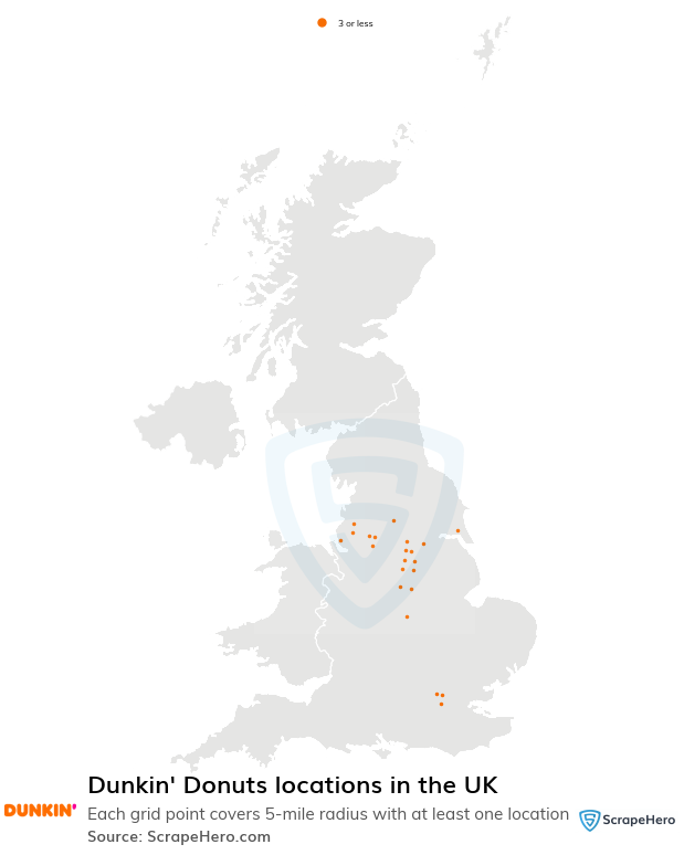 Map of Dunkin' Donuts locations in the United Kingdom