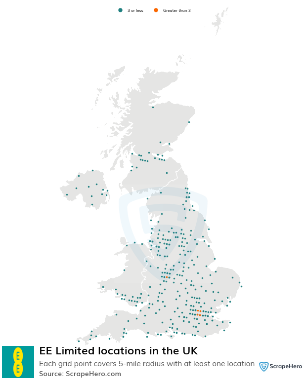 Map of EE Limited locations in the United Kingdom