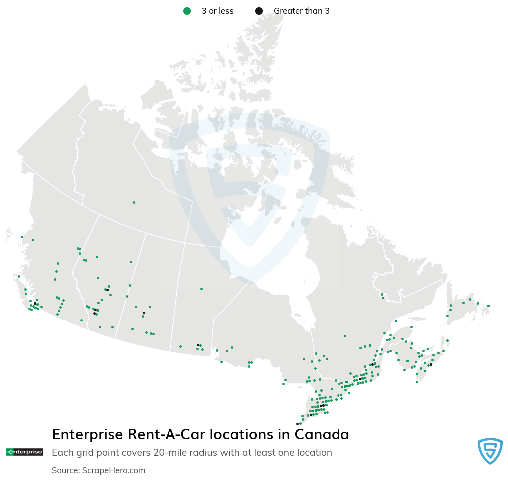 Map of Enterprise Rent-A-Car dealerships in Canada