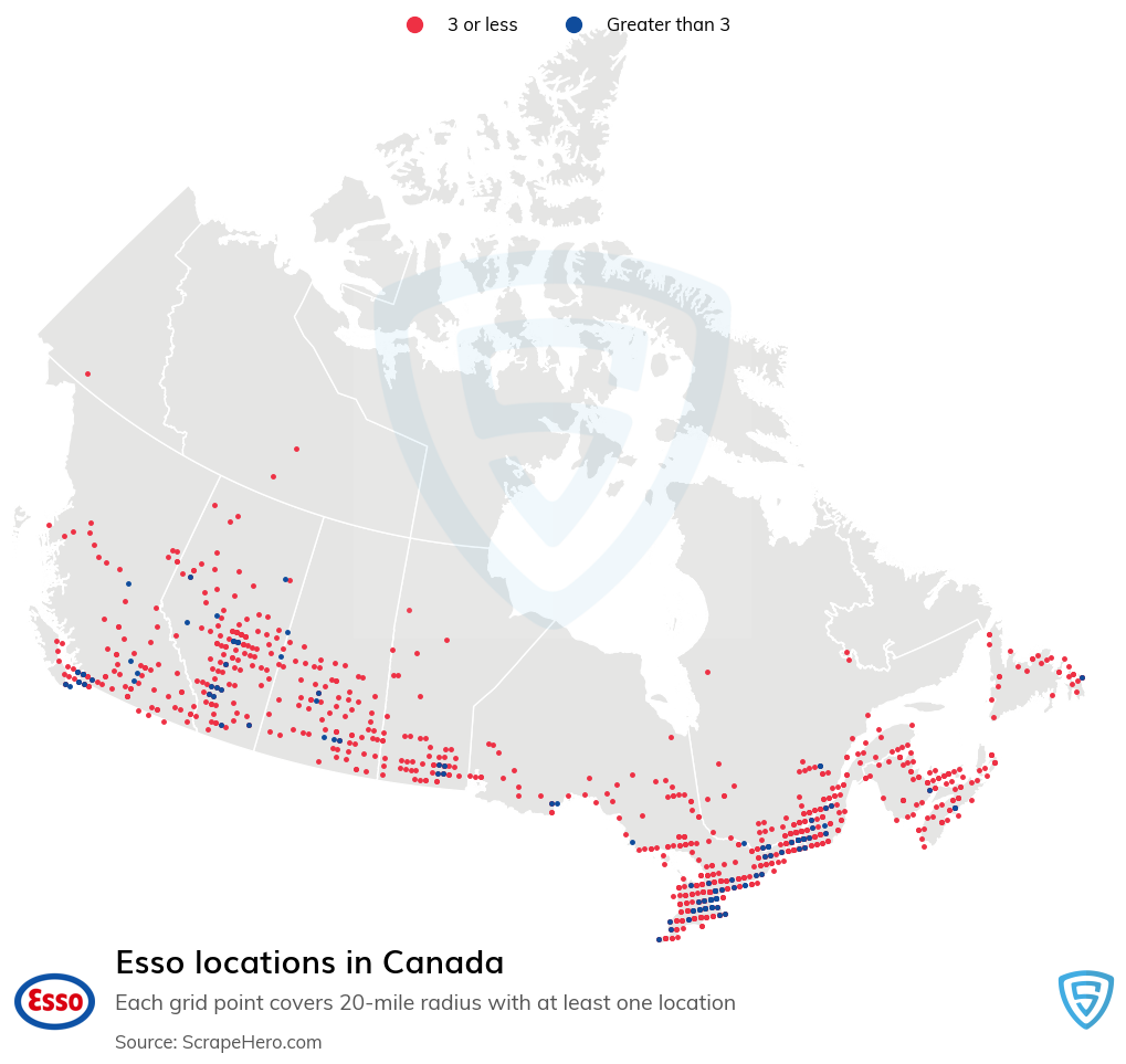 Map of Esso gas stations in Canada