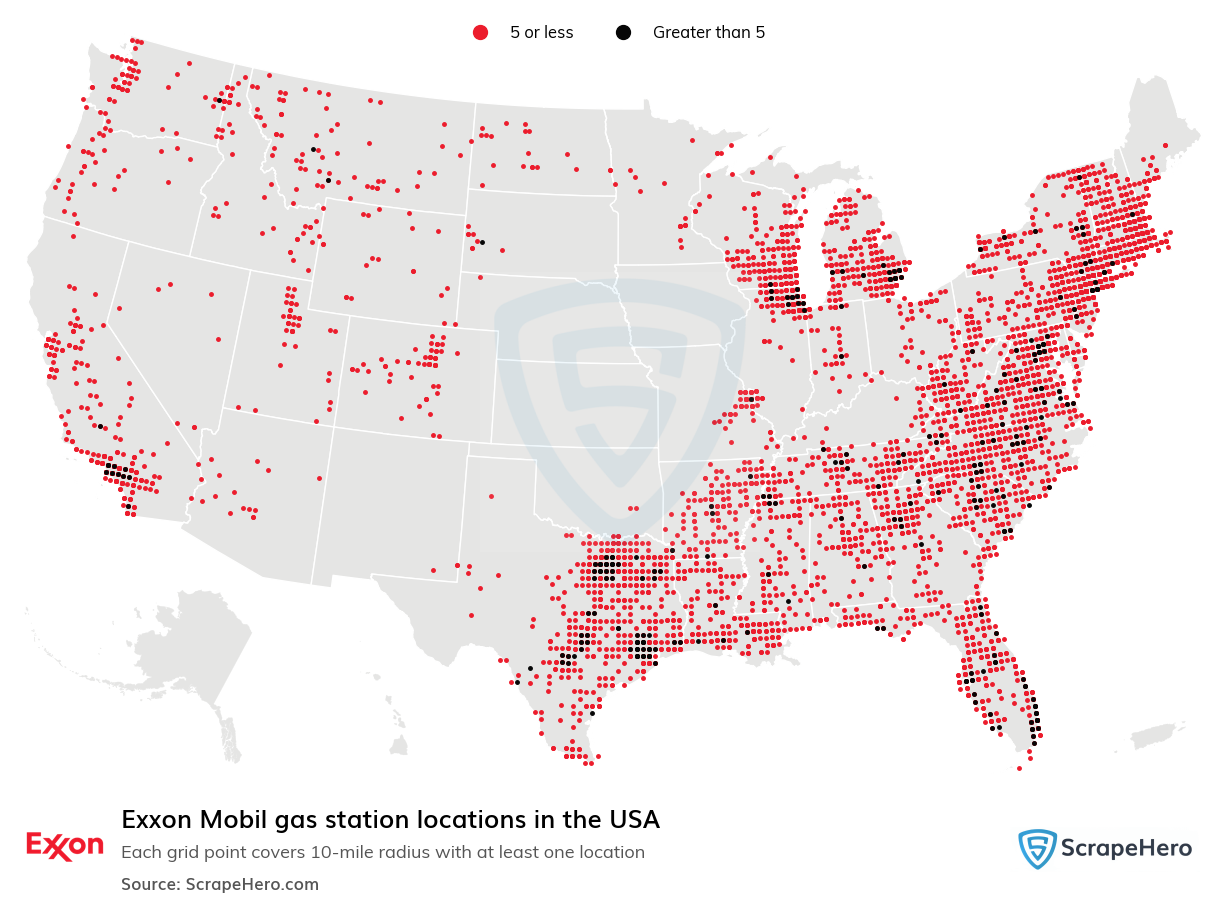 Map of Exxon Mobil gas stations in the United States