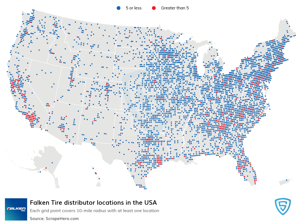 Map of Falken Tire distributors in the United States