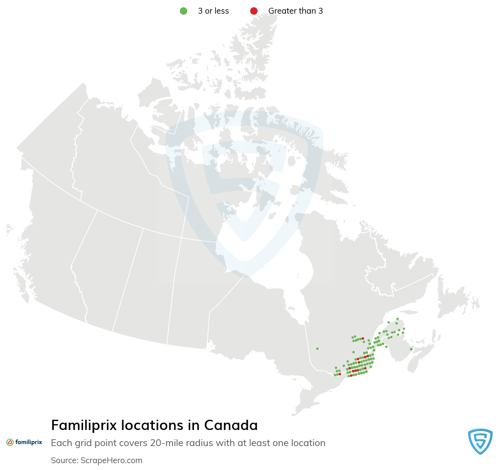 Map of Familiprix locations in Canada in 2022