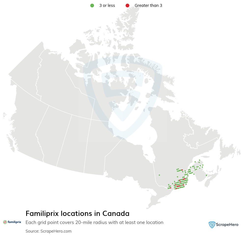 Map of Familiprix pharmacies in Canada