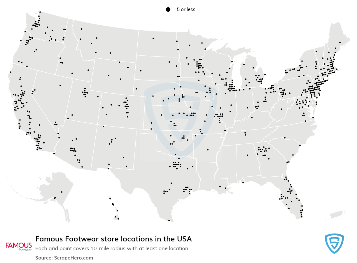 Map of Famous Footwear stores in the United States