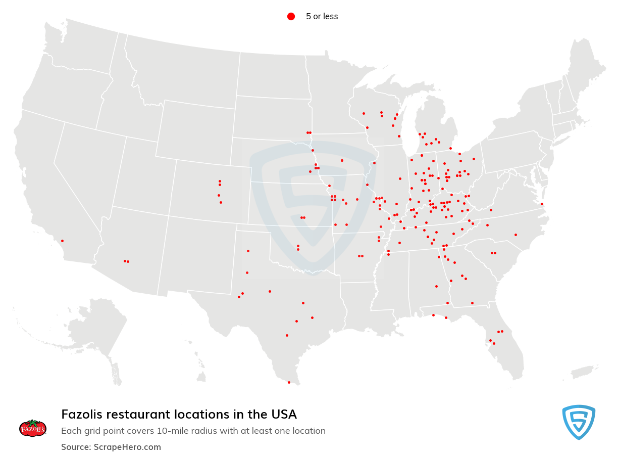 Map of Fazolis restaurants in the United States