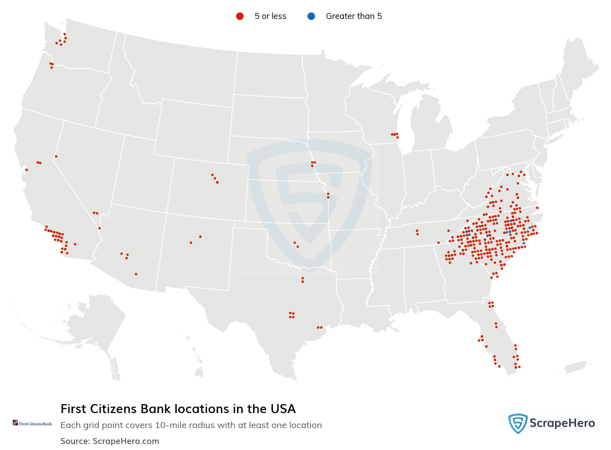Map of First Citizens Bank locations in the United States