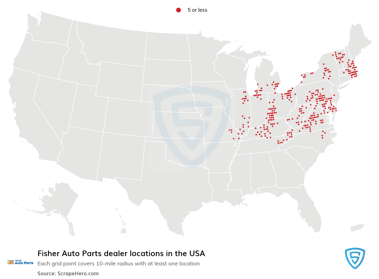 Map of Fisher Auto Parts dealers in the United States