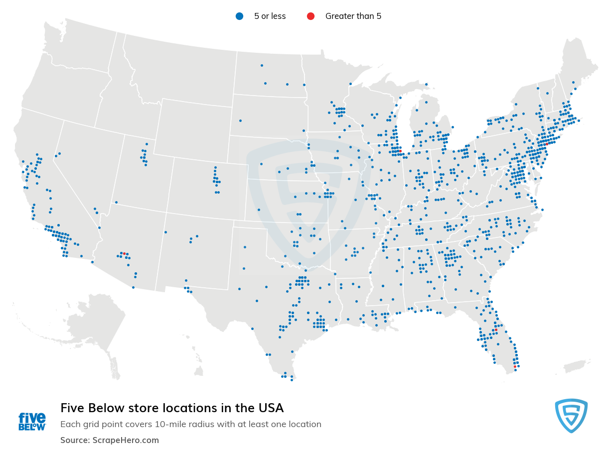 Map of Five Below retail stores in the United States