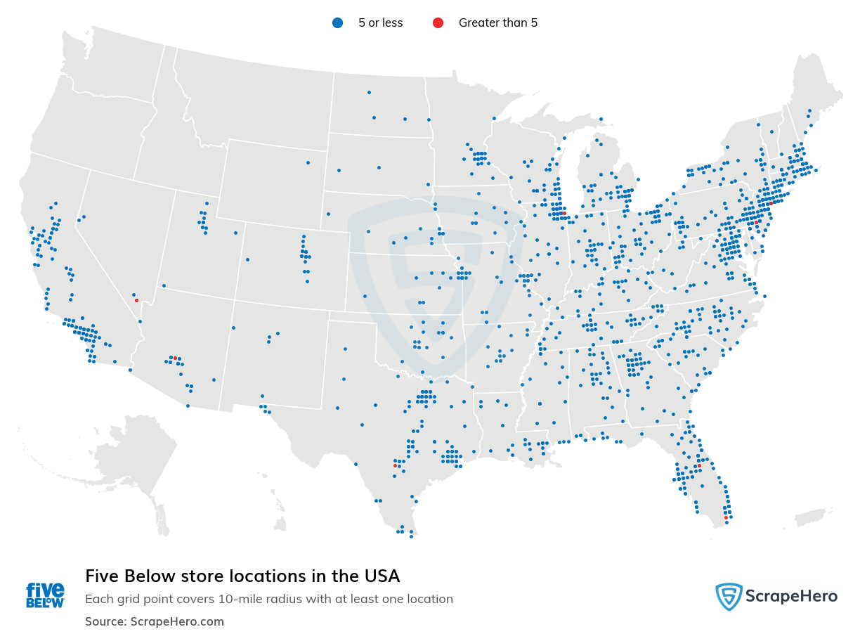 Map of Five Below stores in the United States