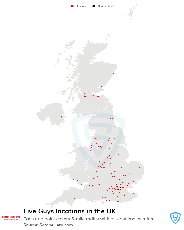 Map of Five Guys restaurants in the United Kingdom