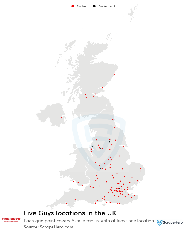 Map of Five Guys restaurants in the United Kingdom