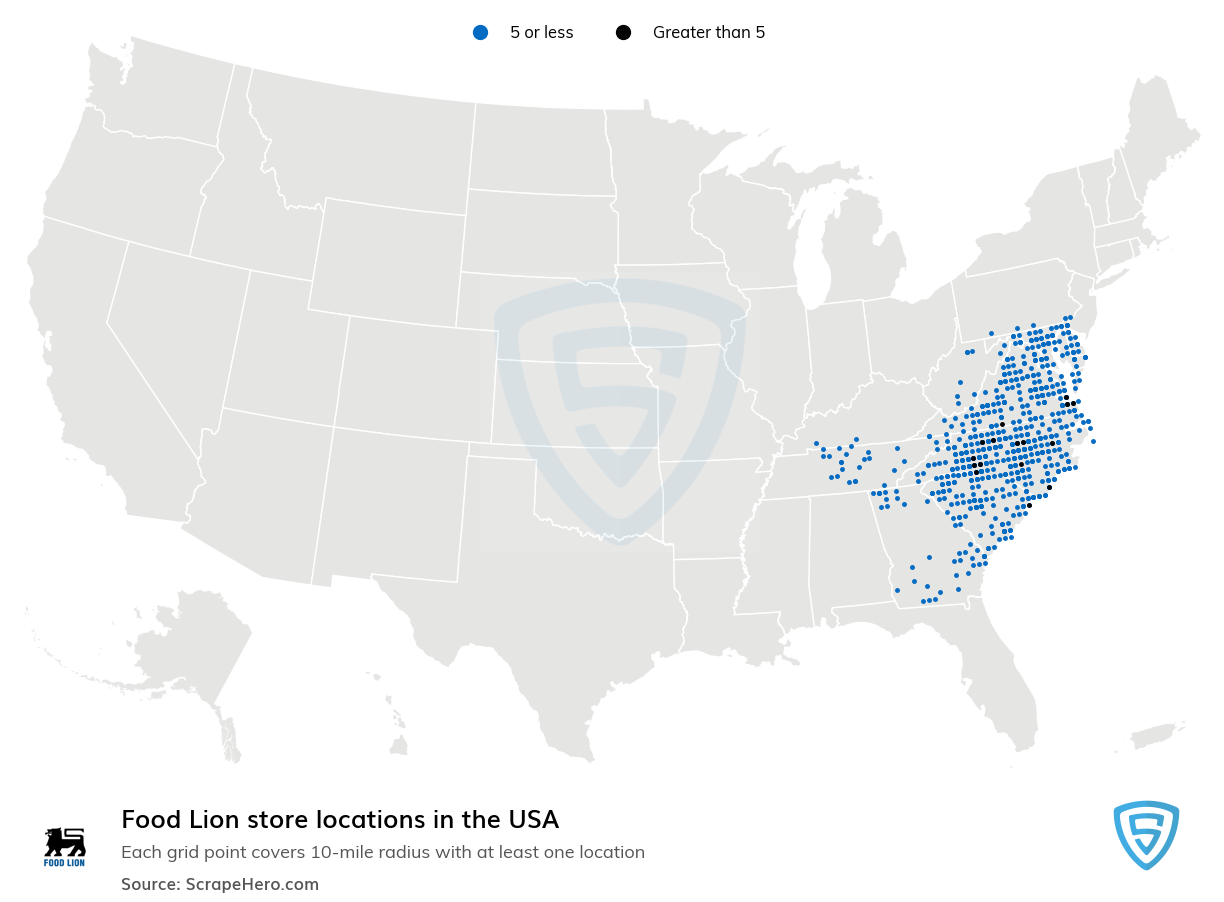 Map of Food Lion retail stores in the United States