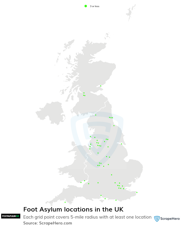 Map of Foot Asylum stores in the United Kingdom