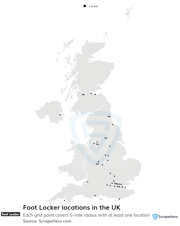 Map of Foot Locker stores in the United Kingdom