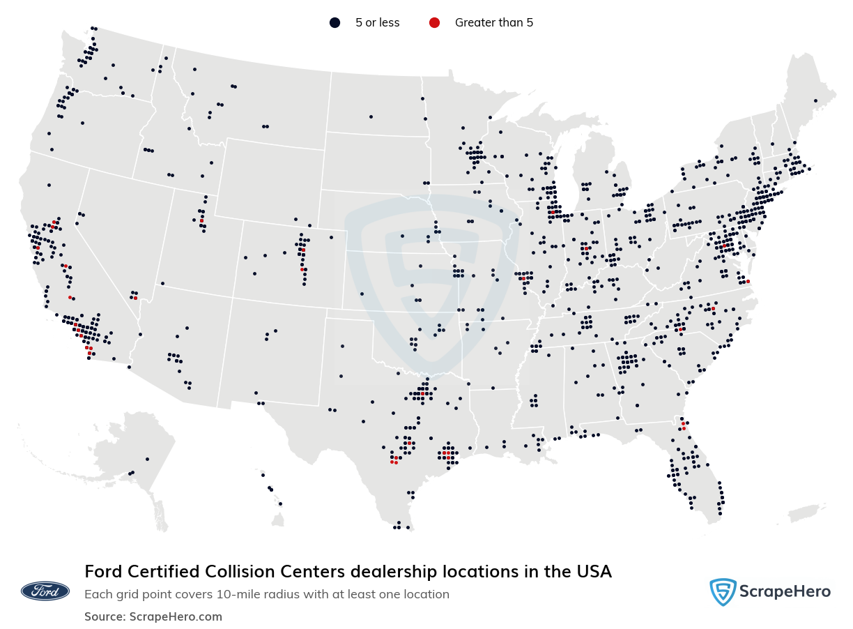 Map of Ford Certified Collision Centers dealerships in the United States