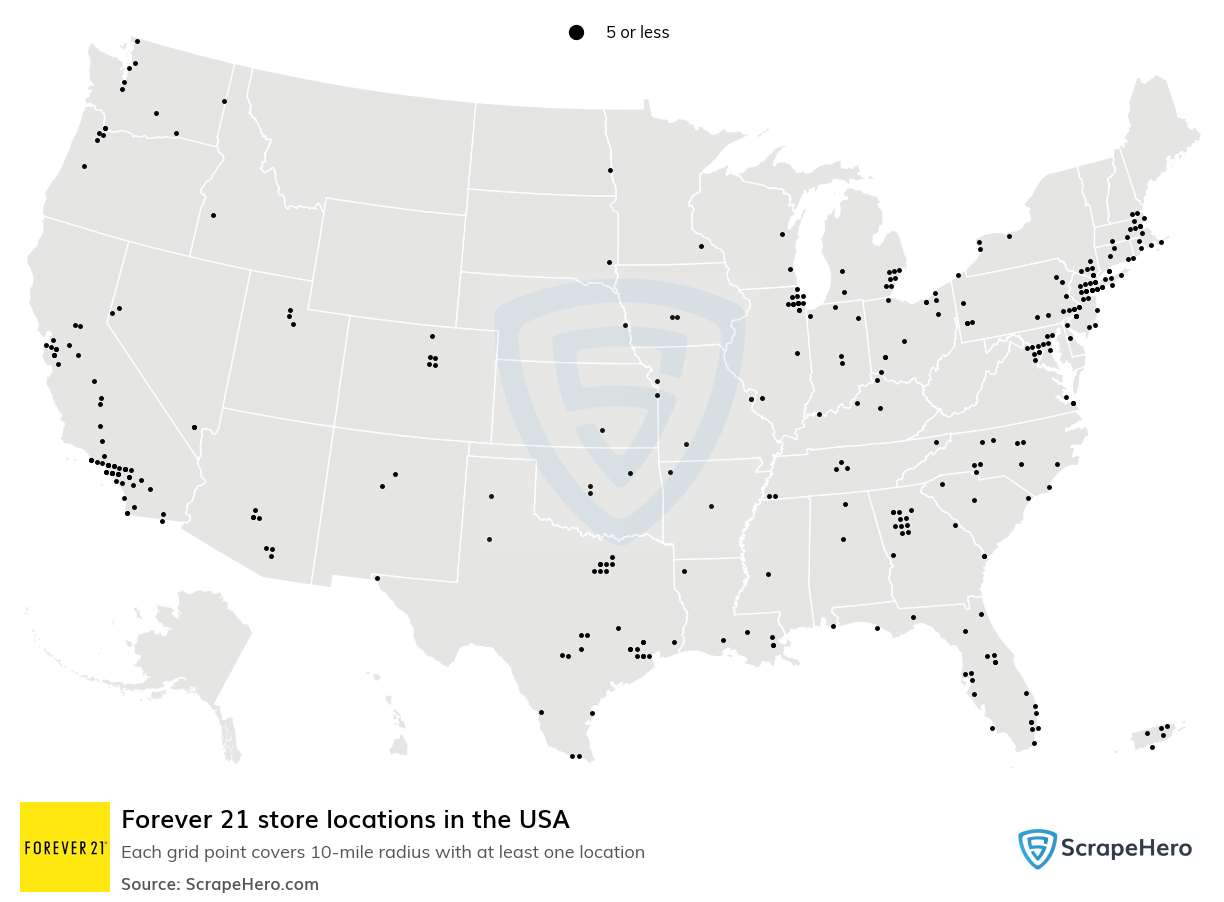 Number of Forever 21 locations in the USA in 2023 ScrapeHero