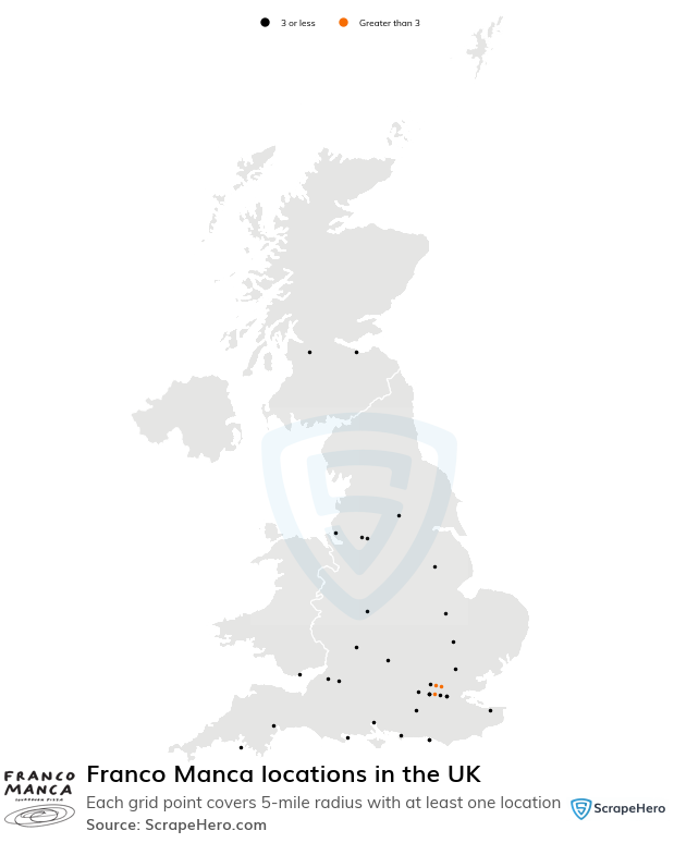 Map of Franco Manca restaurants in the United Kingdom