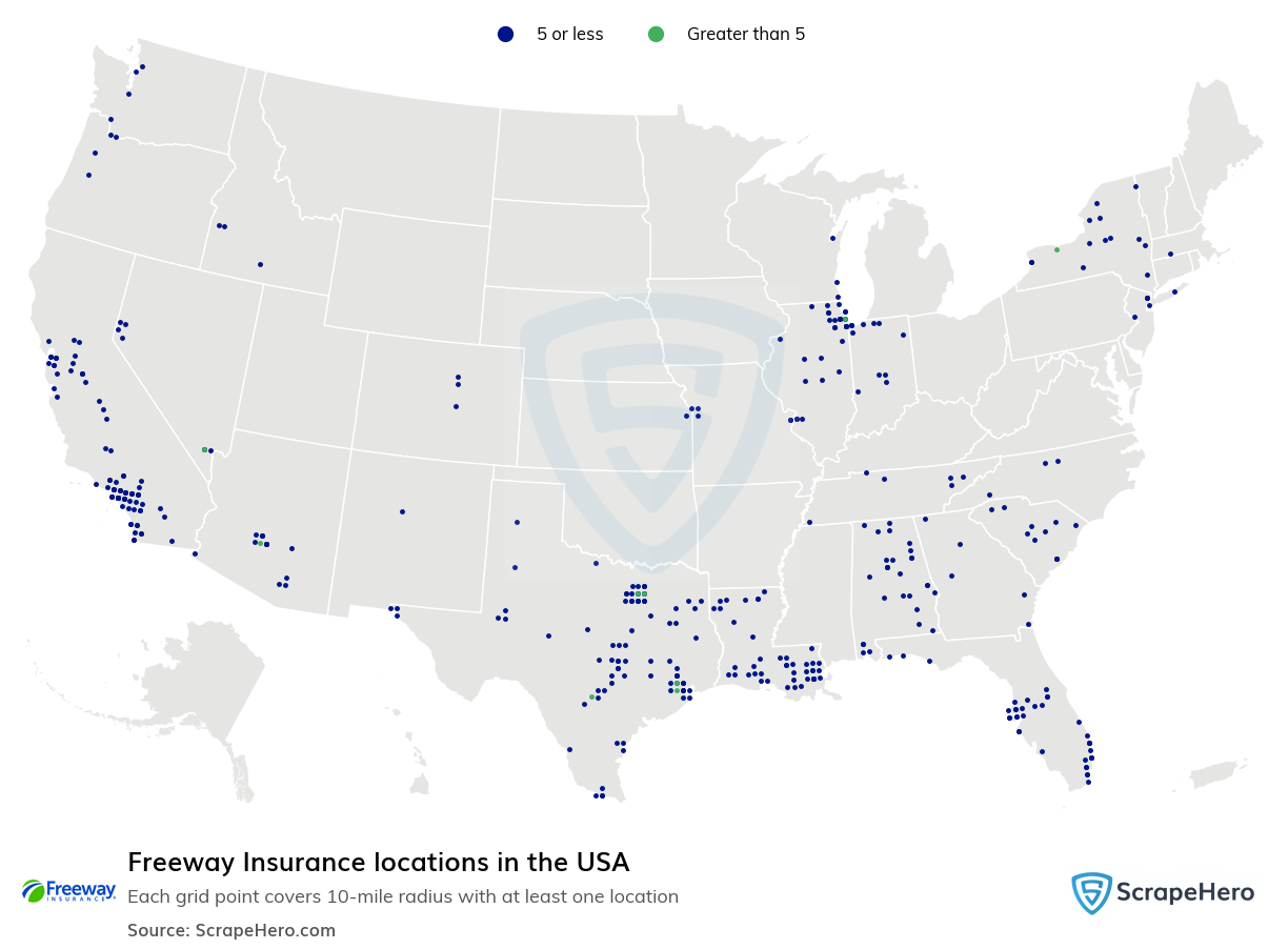 Map of Freeway Insurance locations in the United States