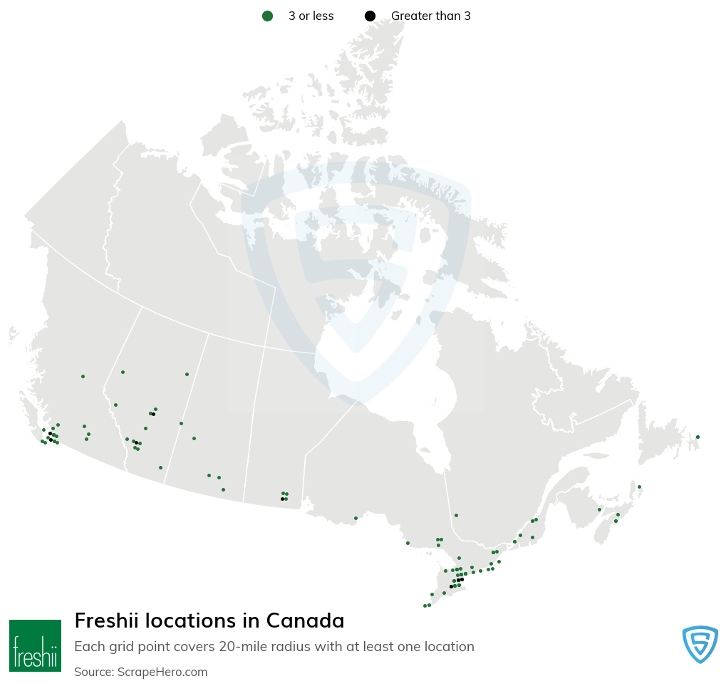 Map of Freshii restaurants in Canada