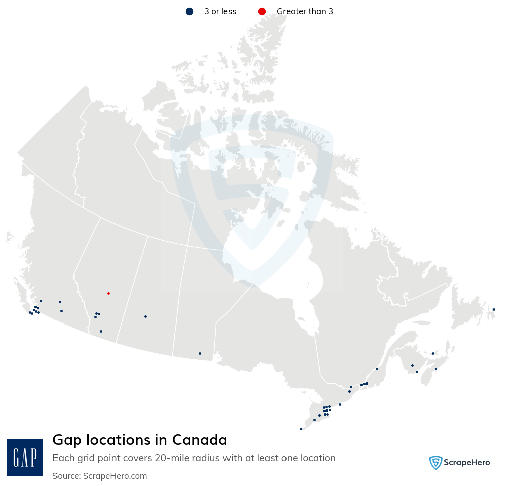 Map of Gap stores in Canada