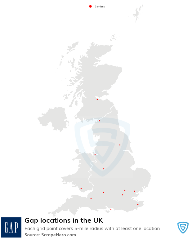 Map of Gap retail stores in the United Kingdom