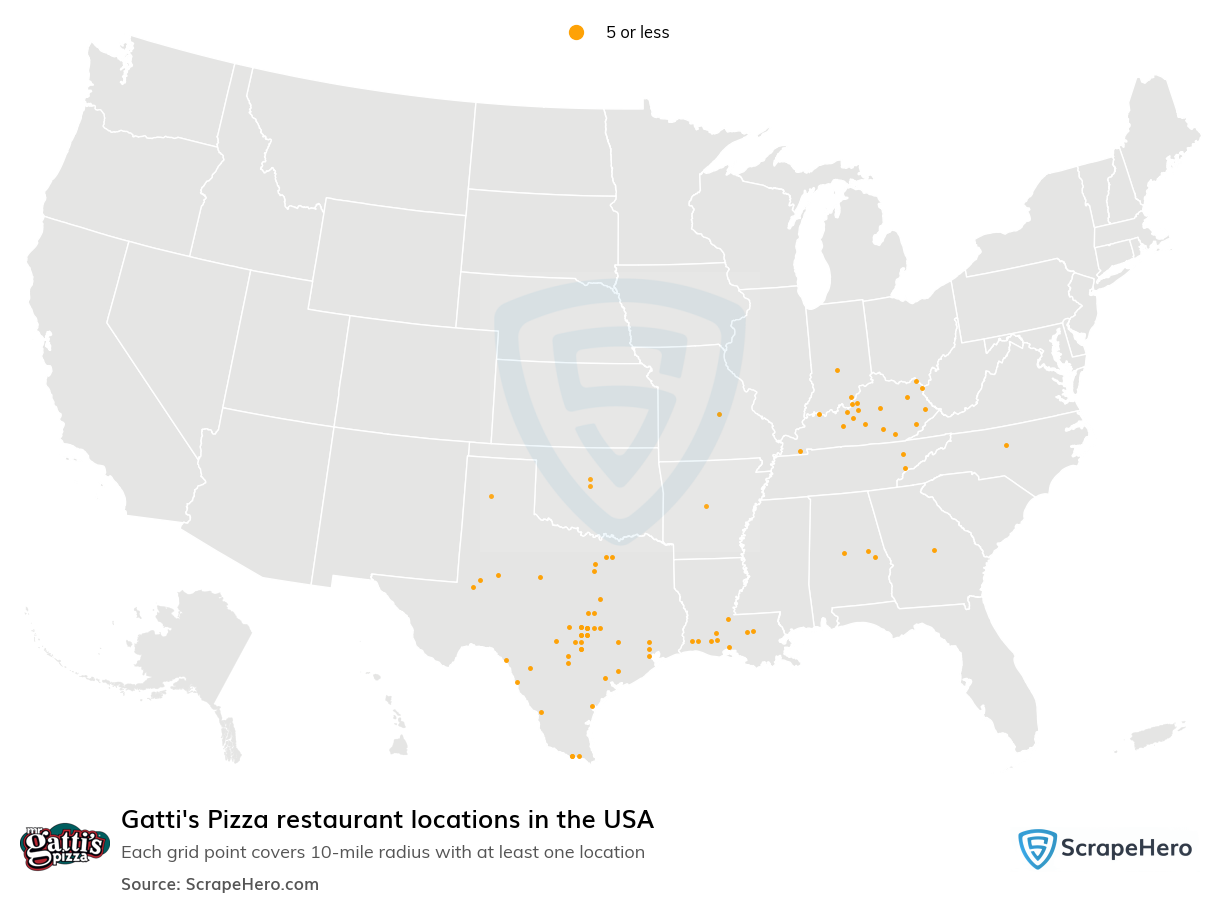 Map of Gatti's Pizza restaurants in the United States