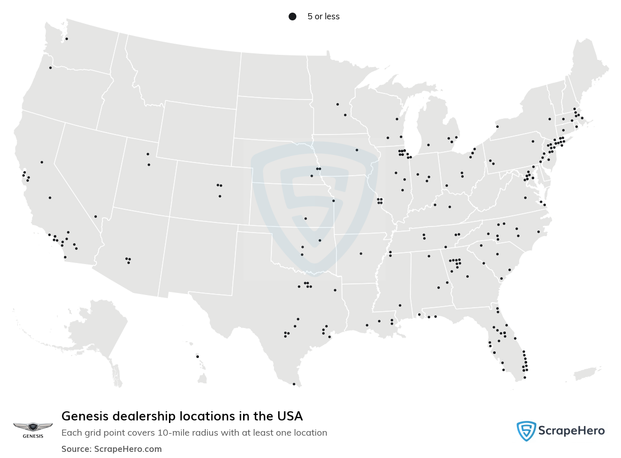 Map of Genesis dealerships in the United States