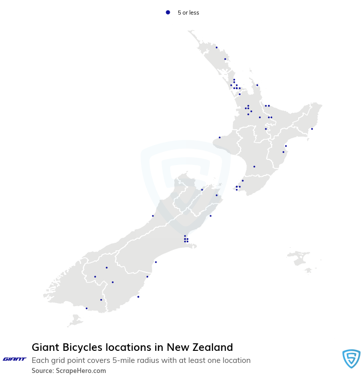 Map of Giant Bicycles dealers in New Zealand