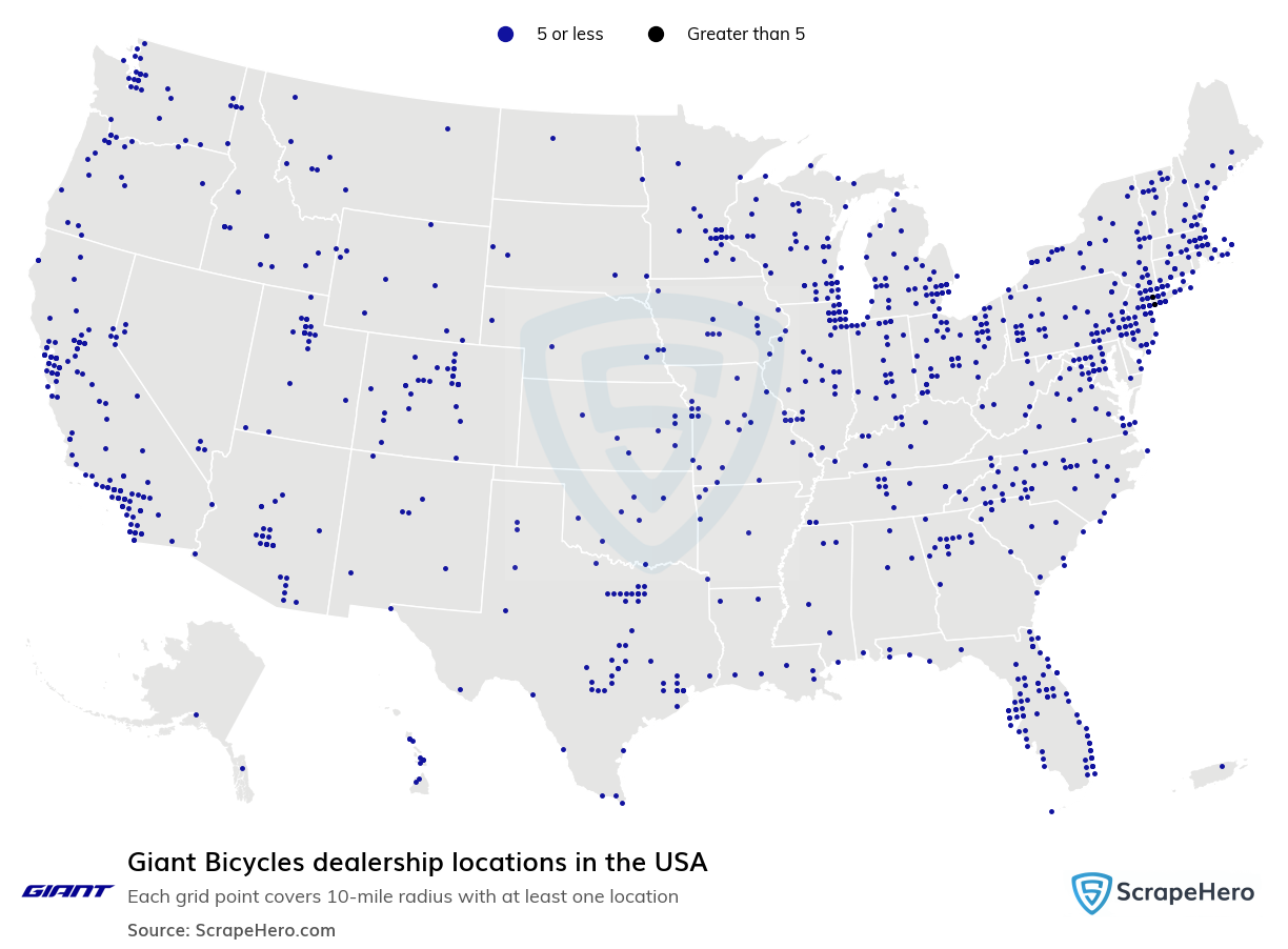 Map of Giant Bicycles dealerships in the United States