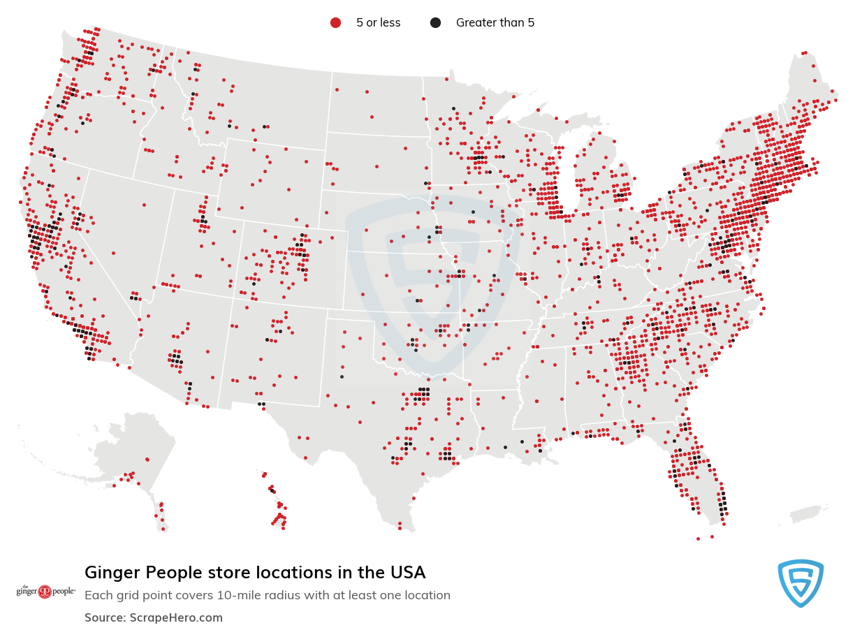 Map of Ginger People locations in the United States in 2020