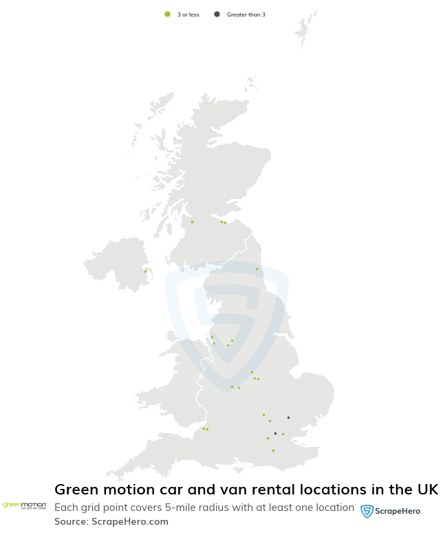 Map of Green motion car and van rental locations in the United Kingdom