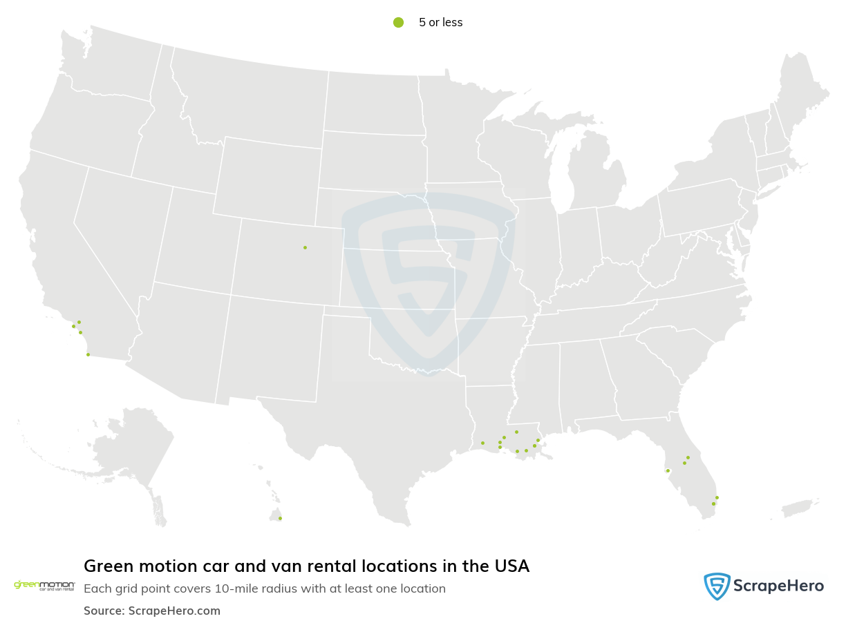 Map of Green motion car and van rental locations in the United States