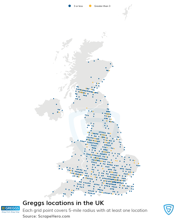 Map of Greggs locations in the United Kingdom in 2022