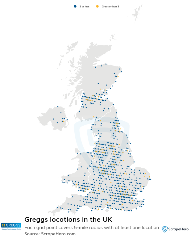 Map of Greggs locations in the United Kingdom