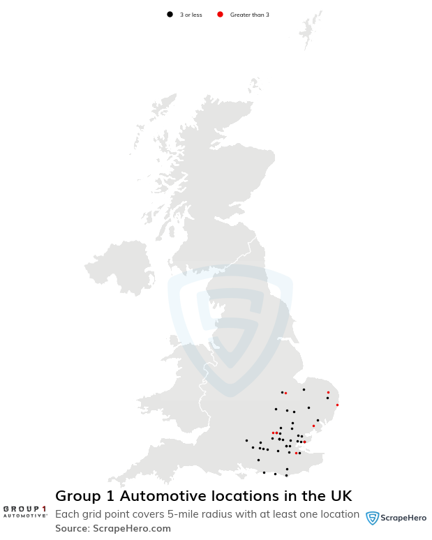 Map of Group 1 Automotive dealerships in the United Kingdom