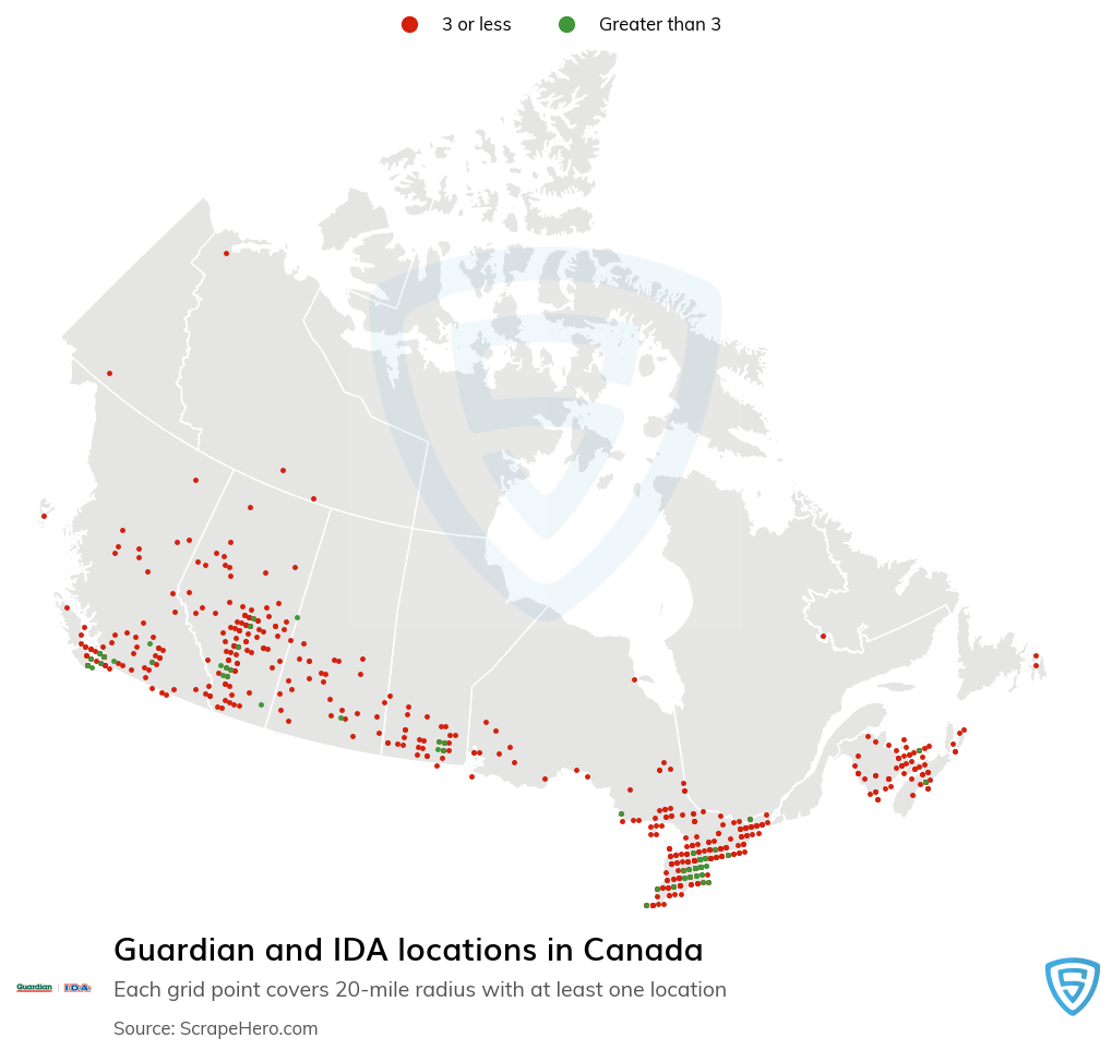 Map of Guardian and IDA pharmacies in Canada