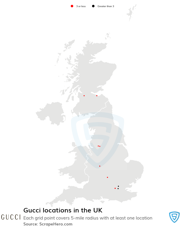 Map of Gucci stores in the United Kingdom