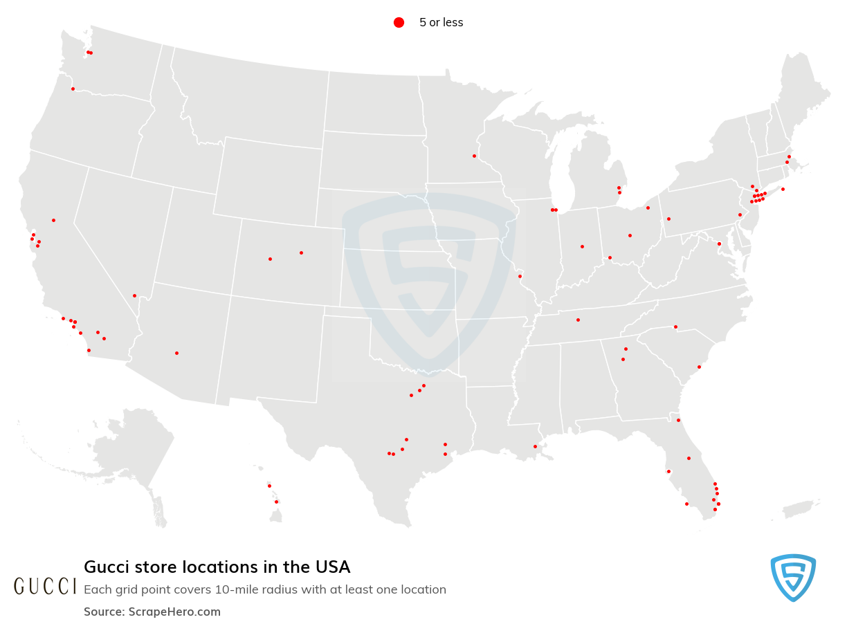 Map of Gucci stores in the United States