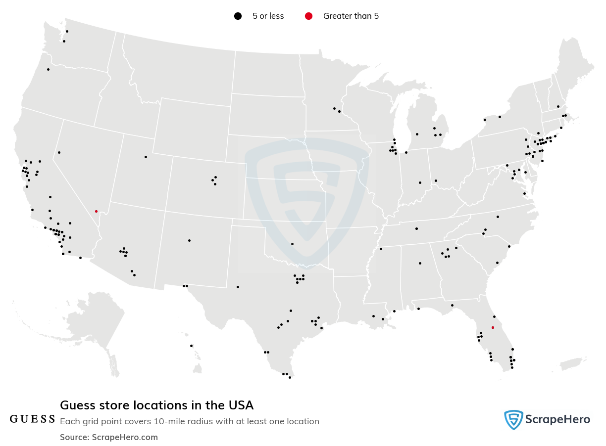 Map of Guess stores in the United States