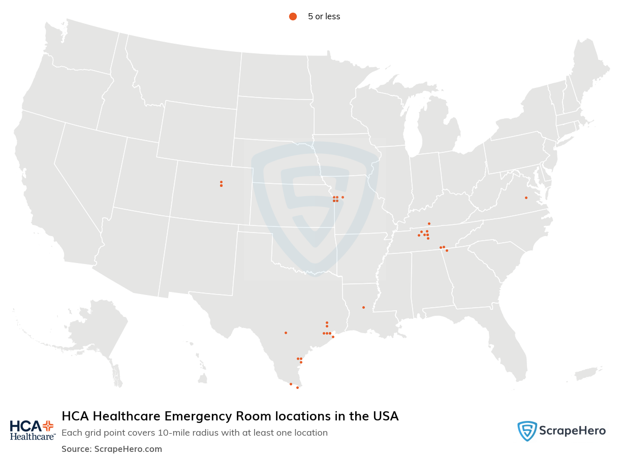 Map of HCA Healthcare Emergency Room locations in the United States