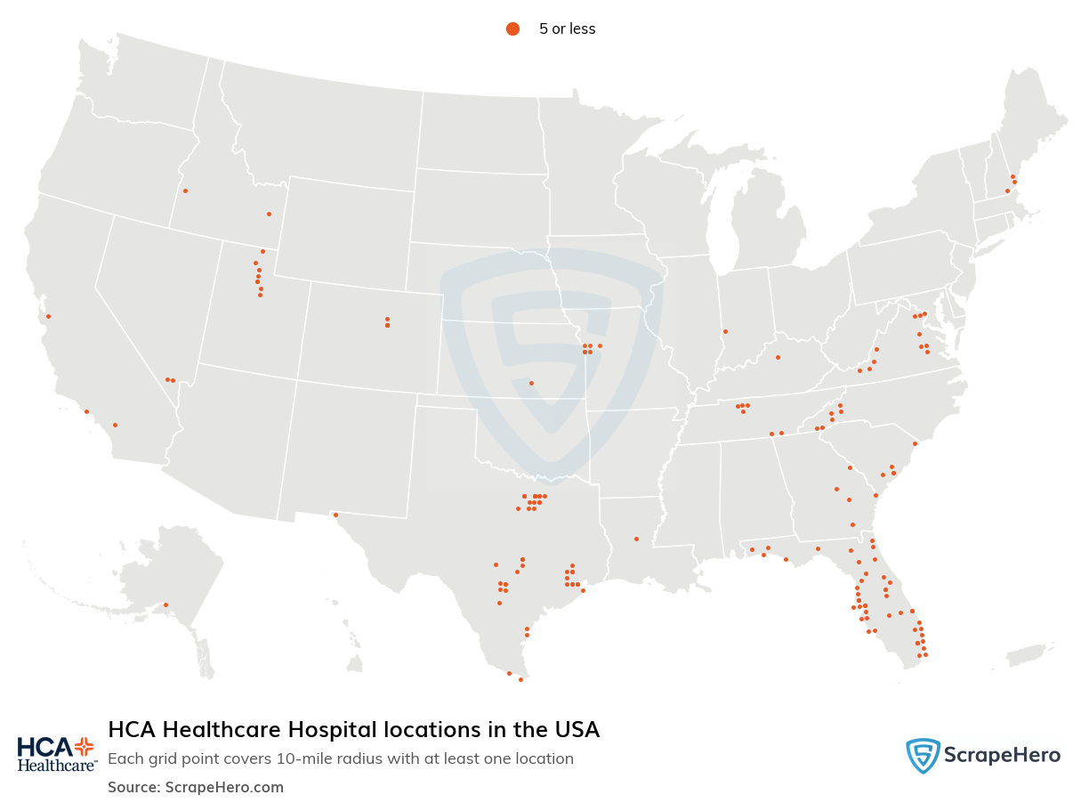 Map of HCA Healthcare Hospital locations in the United States