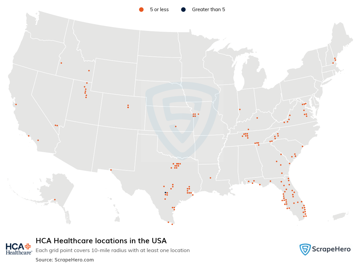 Map of HCA Healthcare locations in the United States