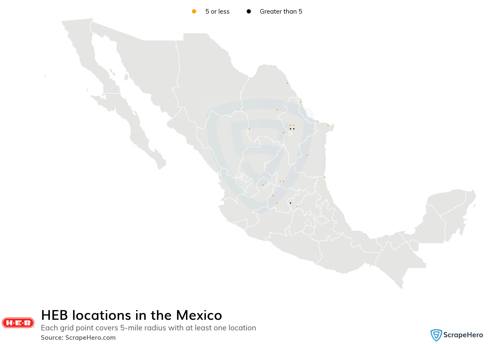 Map of HEB stores in Mexico