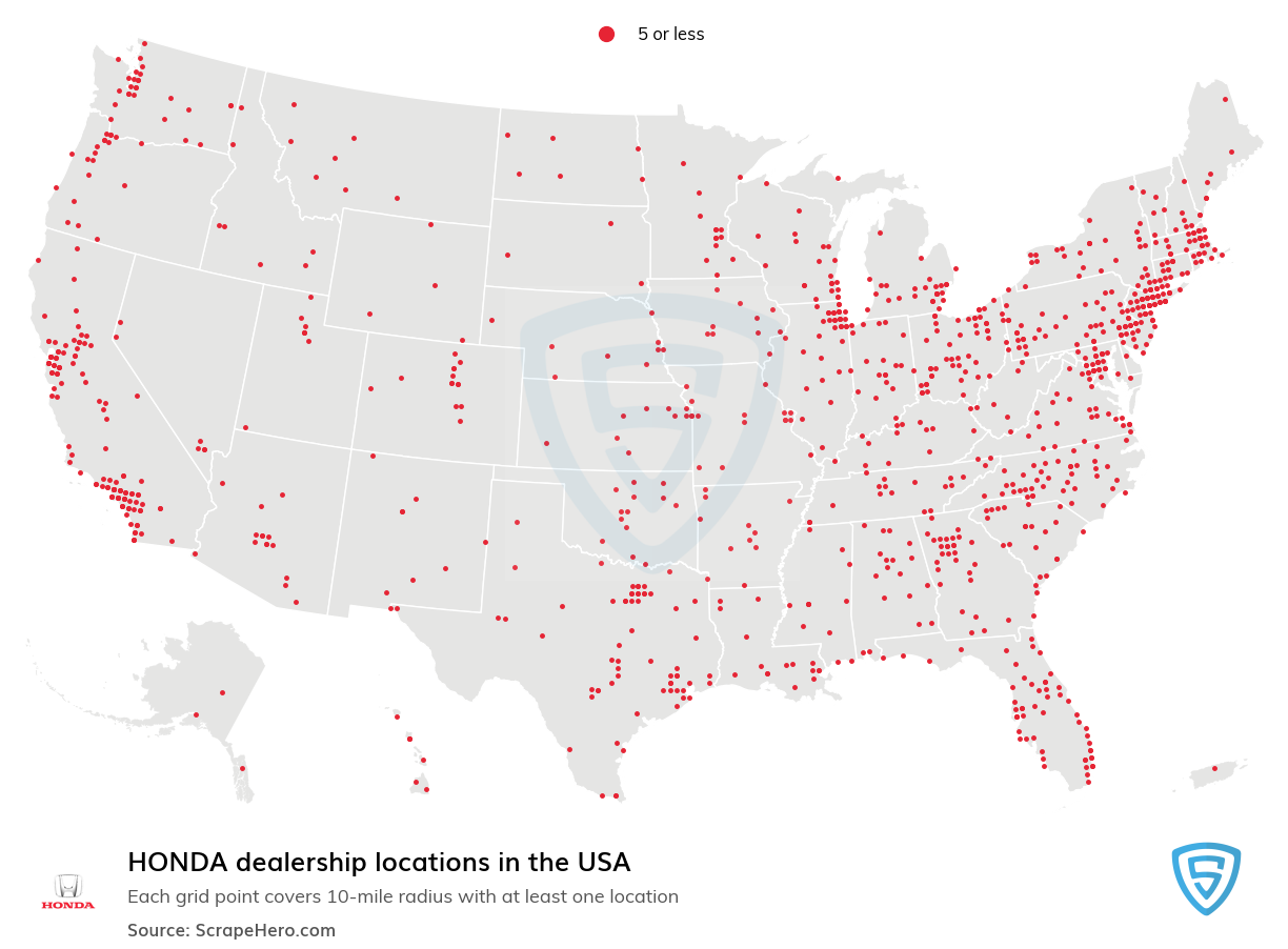 Map of HONDA locations in the United States in 2022