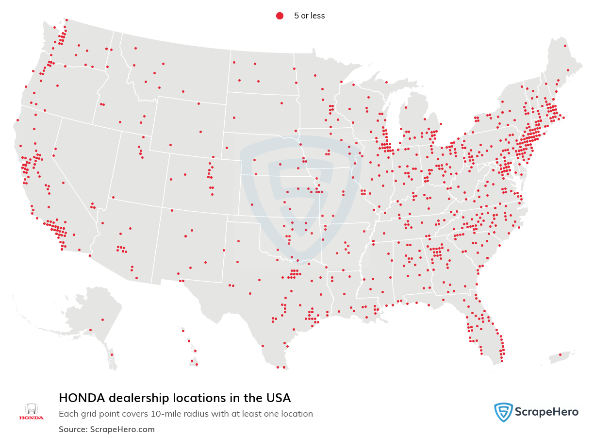 Map of HONDA dealerships in the United States